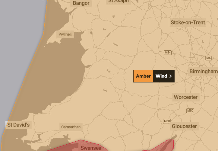 An amber weather warning for wind is in place for Powys between 5am and 9pm today (Friday, February 18).