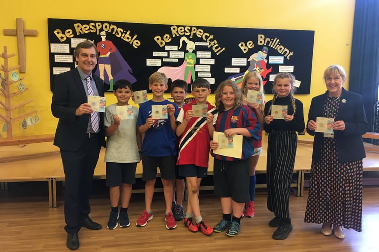 Pupils at Raglan Primary School with Nick Ramsay