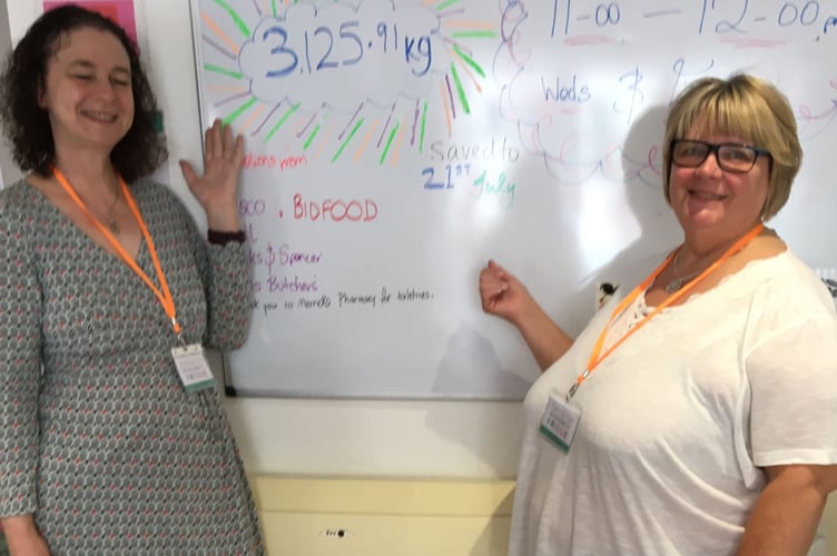 Chepstow Community Fridge volunteers Liz Atkinson and Catherine Higgs show the amount of food which has been saved from waste