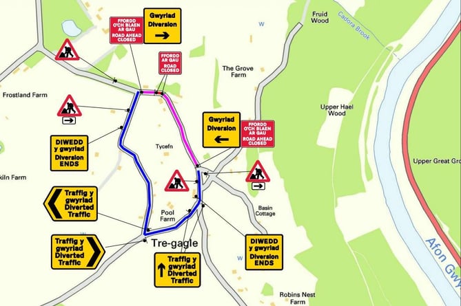 Map of road closures in Trellech , Monmouthshire