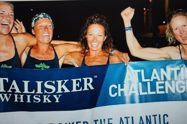 .Felicity, second from right, celebrates the finish of the Atlantic with sister Pippa Edwards, to her left, and other crew mates Jo Blackshaw, left, and Lebby Eyres.