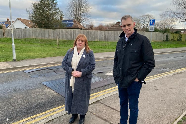 Cllr Mandi Rugen-Hankey and David Davies MP on Watery Lane in Monmouth.
