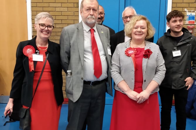 Jane Mudd, right, with her election agent Deb Davies and outgoing Gwent police and crime commissioner Jeff Cuthbert. Picture: LDRS