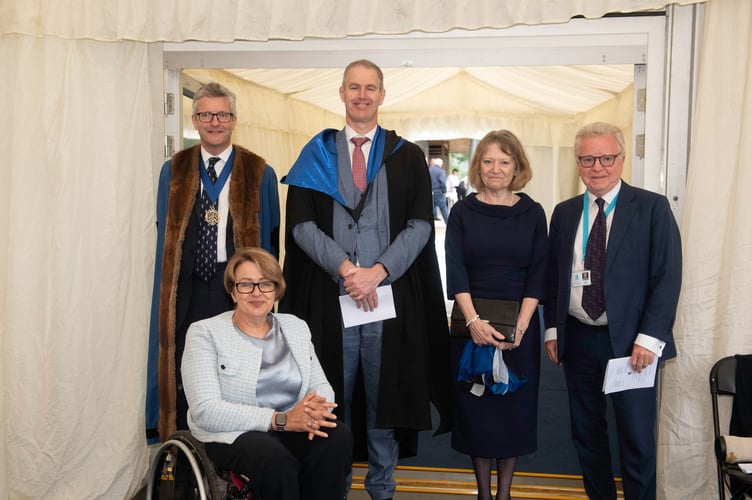 Head master Simon Dorman with distinguished guests and speaker Baroness Tanni Grey-Thompson, DBE,