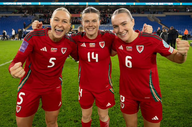 Wales' Rhiannon Roberts, Hayley Ladd and Josie Green celebrate